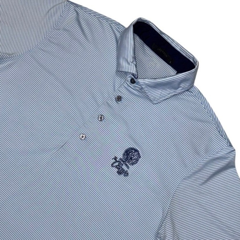 Greyson Polo Shirt Mens L Blue Striped The Classic Golf Short Sleeve Logo